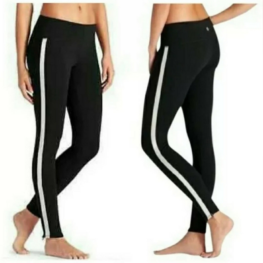 Athleta Metro Tux Stripe Black Chaturanga Ankle Zip Side Stripe Leggings Pant,